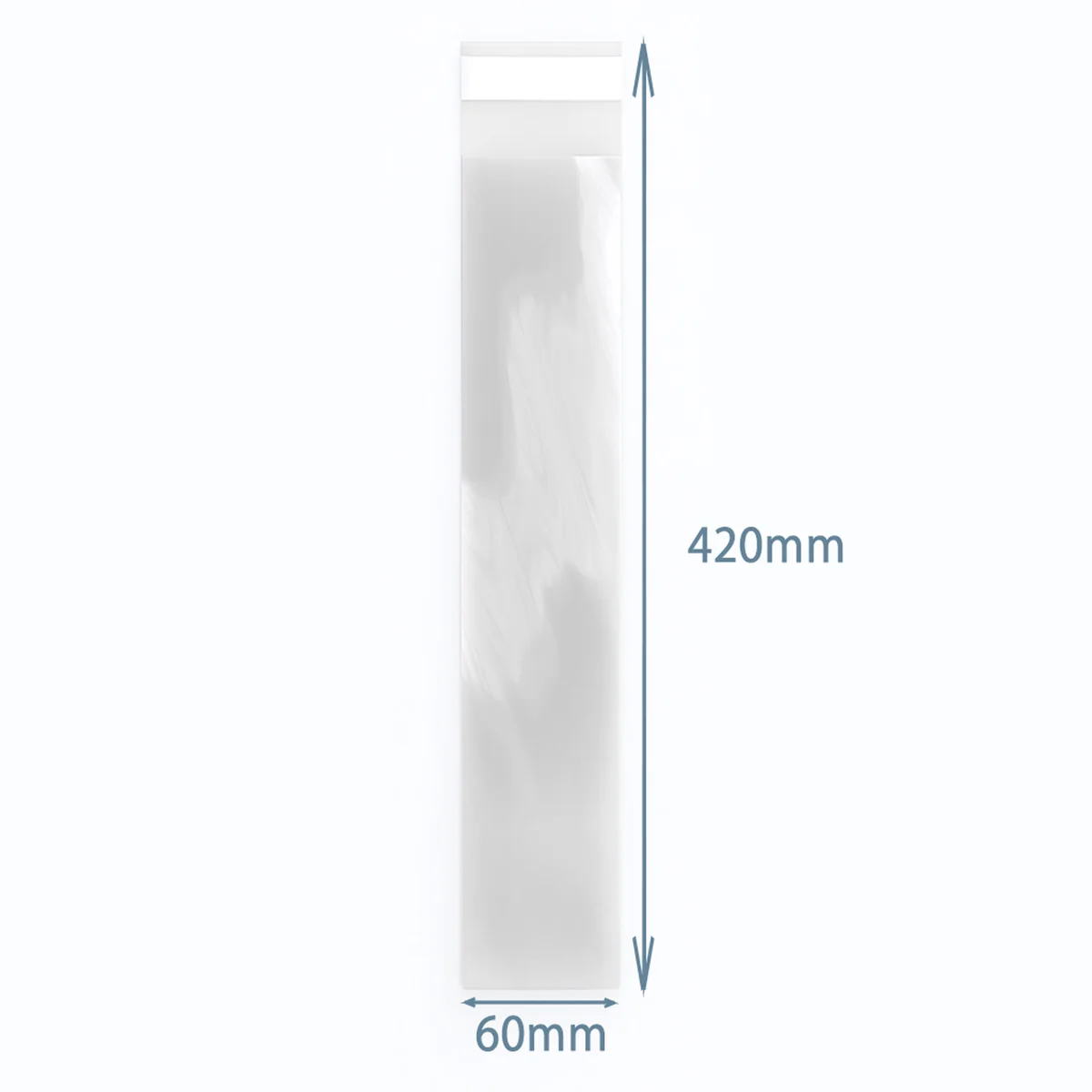 Clear poly-prop bag (420x60mm) with prop bags design, transparent rectangular shape, sharp edges, folded bottom.