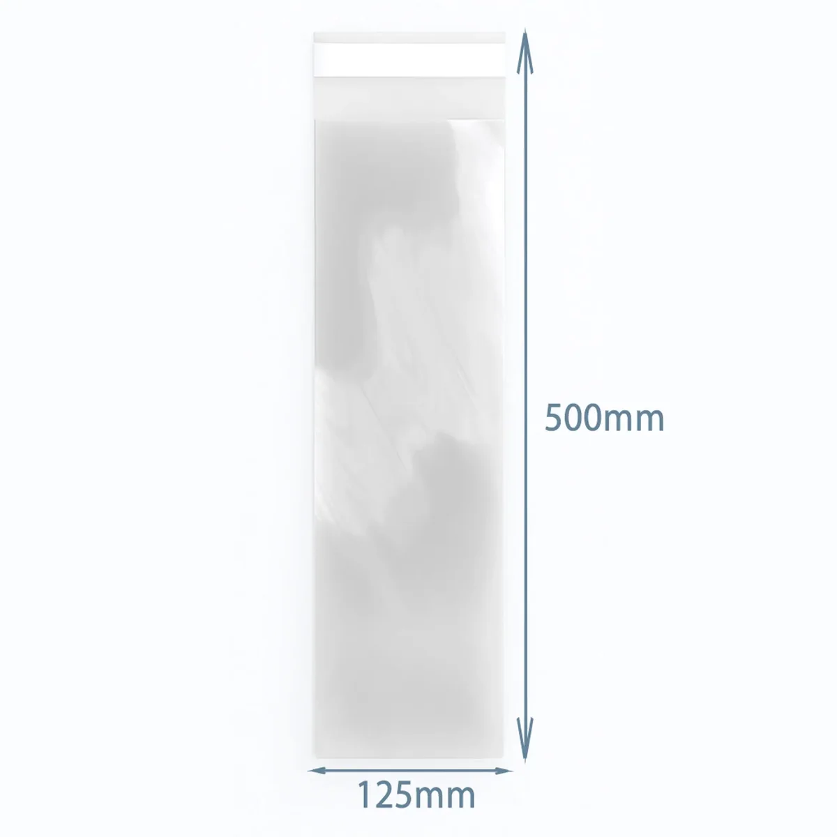 Clear polypropylene reseal bag, 125x500 mm, displayed flat with obvious resealable opening