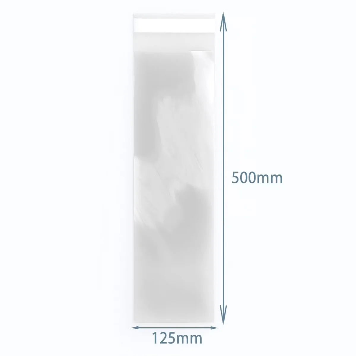 Reusable reseal bag 125x500mm in clear poly-prop showing zipped opening