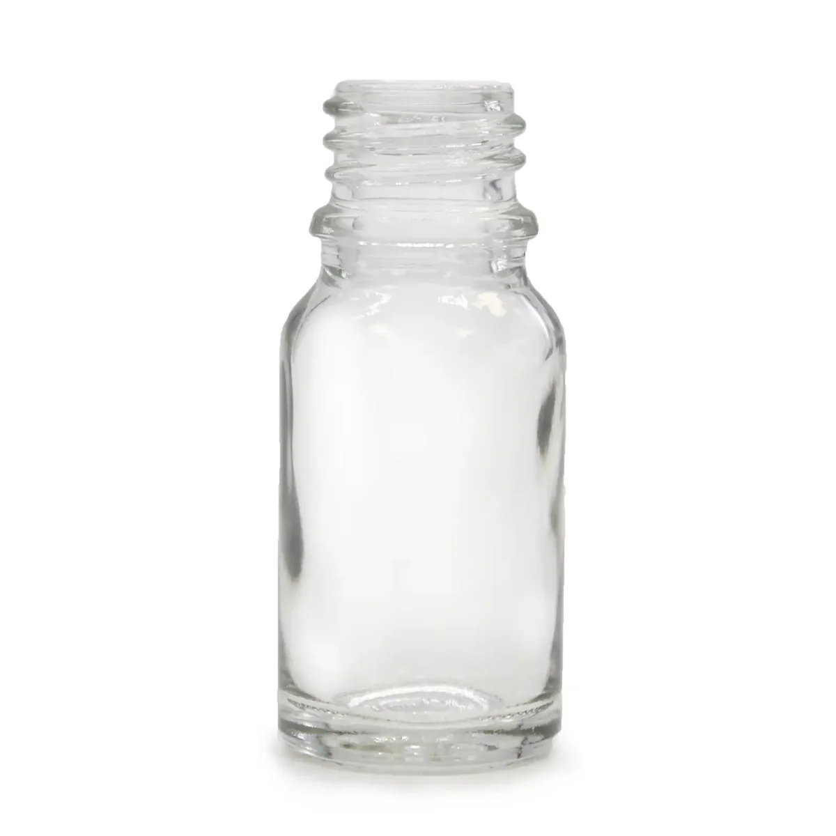 10ml clear bottle, slender glass container showing clear content.