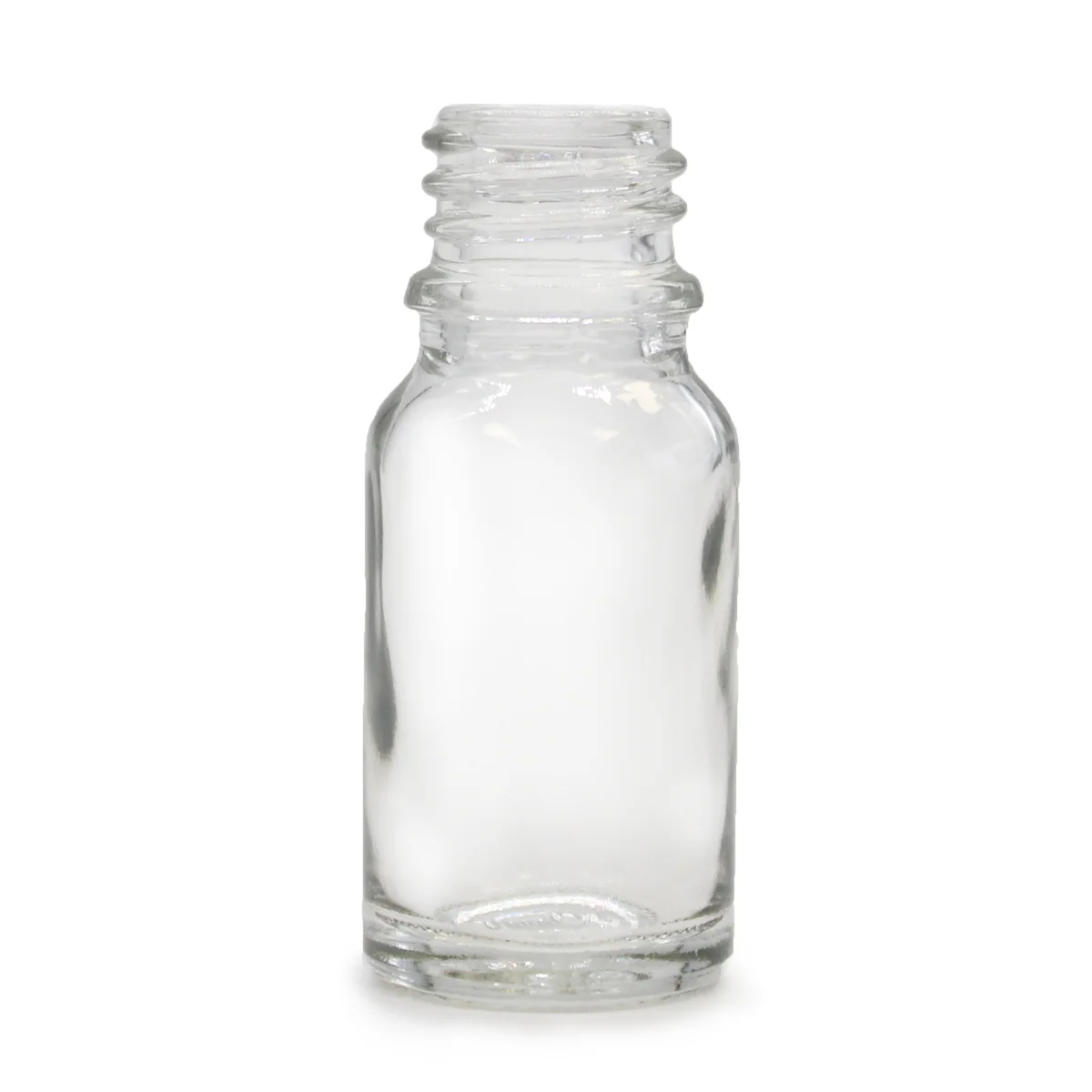Small clear bottle, 10ml capacity, transparent glass with slender neck.