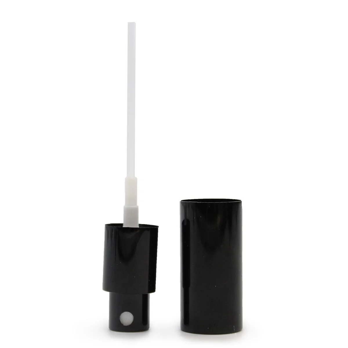 Black 50ml bottle spray top shown up close, sleek and fitted.