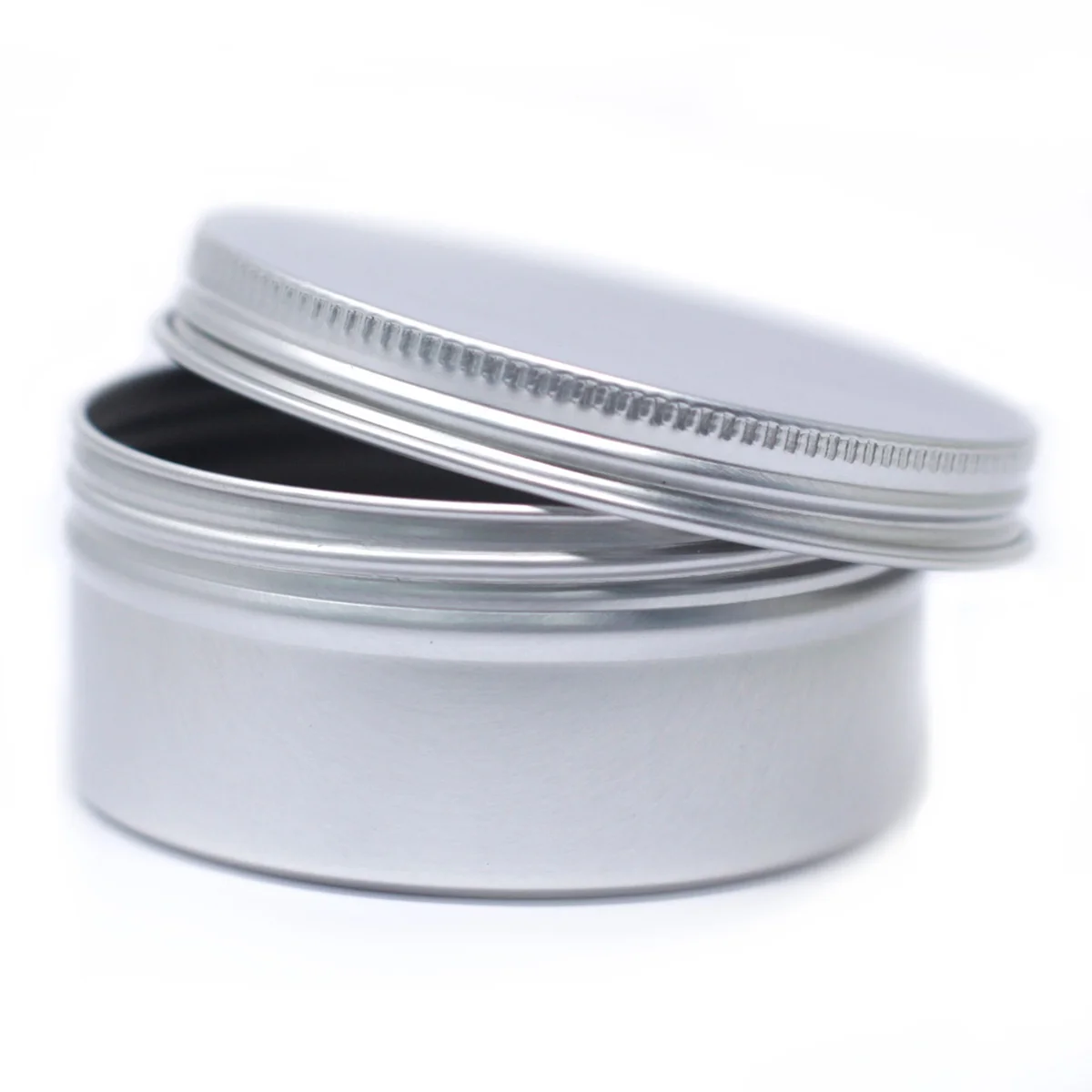 Aluminium round metal tin box with screw top, 70x35mm.