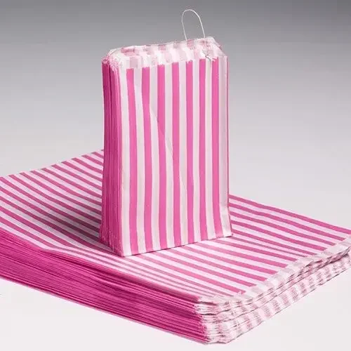 Pink candy stripe 10x14 party bags, open showing pattern