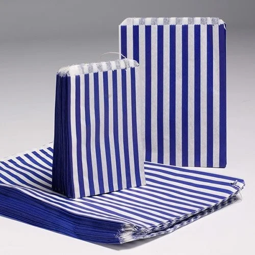 Blue candy stripe bags measuring 5x7 inches arranged in a small stack.