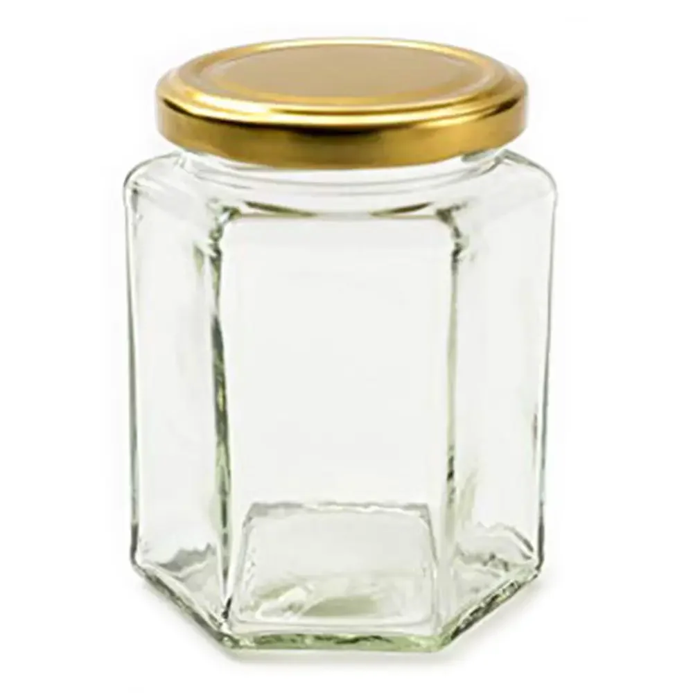 Six sides jam jar with lid, glass container with a flat lid.