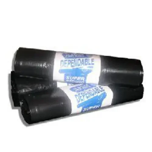 Roll of 10 black bin bags measuring 18x29x34 inches stacked together on a white background