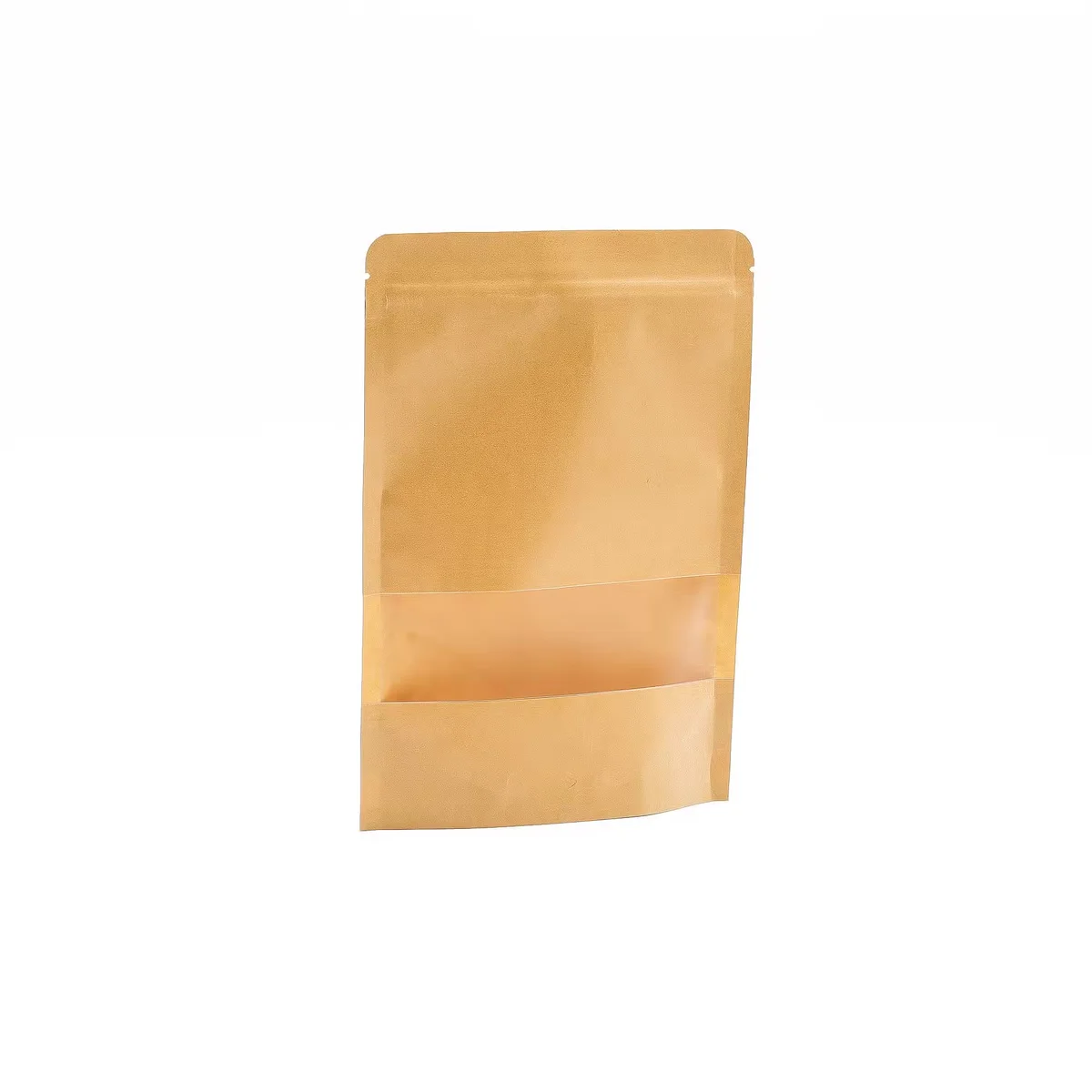 Brown kraft paper window bag measuring 16 x 24 cm, flat and empty, isolated on white background