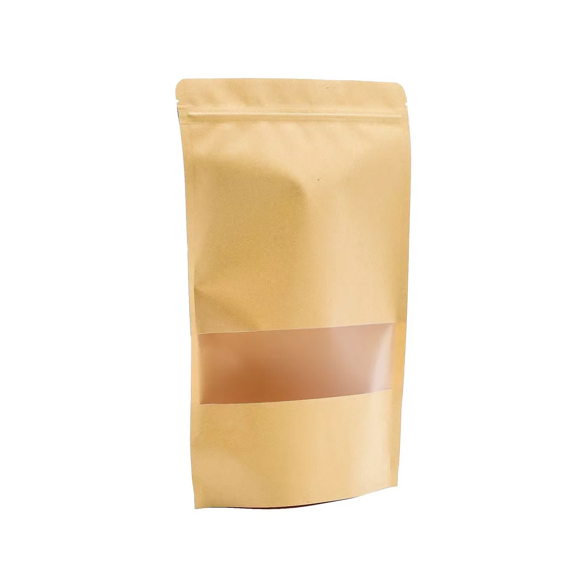 Transparent window on 20x30cm kraft bag showing contents inside, brown paper material with clear plastic front panel