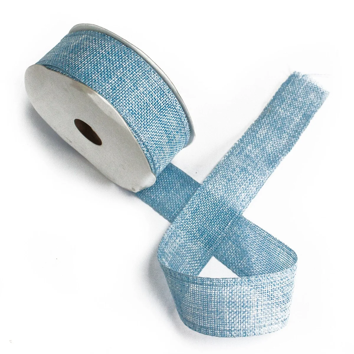 Baby blue natural texture ribbon, 38 mm wide, 20 m long, displayed flat on a white background