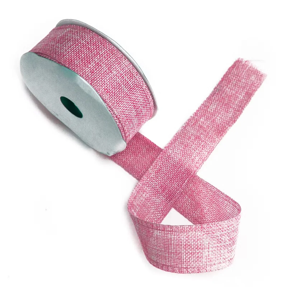 Baby pink natural texture ribbon, 38mm wide, 20m long, shown folded in a roll.