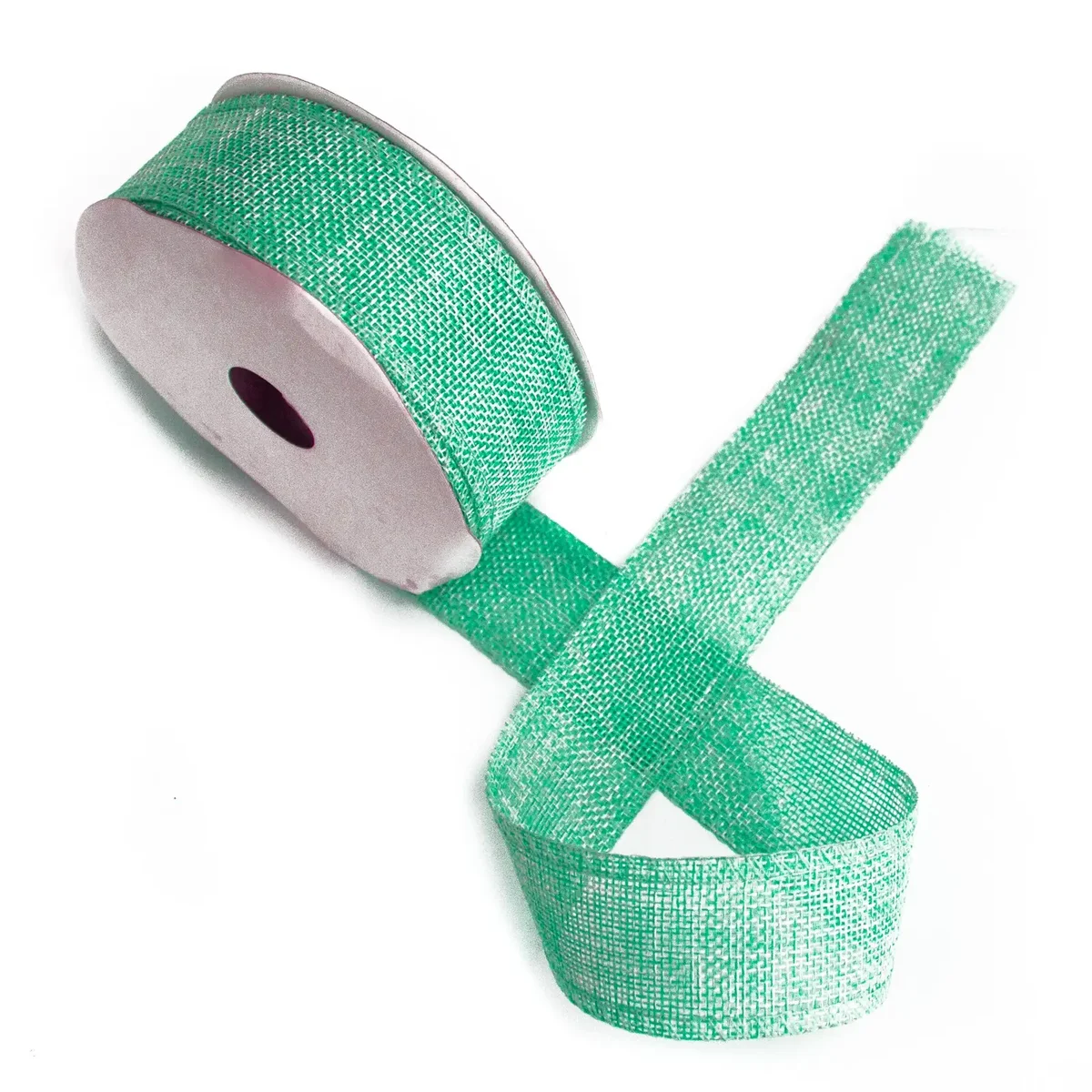 Spool of 20m ribbon with natural texture, aqua colour, showing long smooth flat fabric