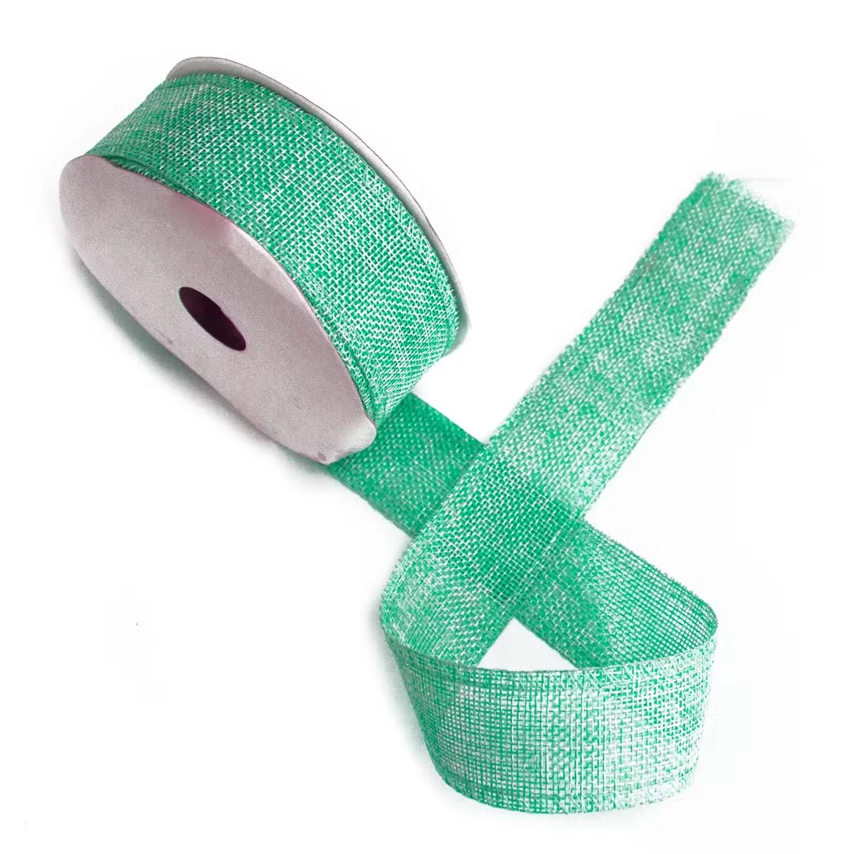 A roll of natural texture craft ribbon aqua measuring 38mm wide, 20m long.