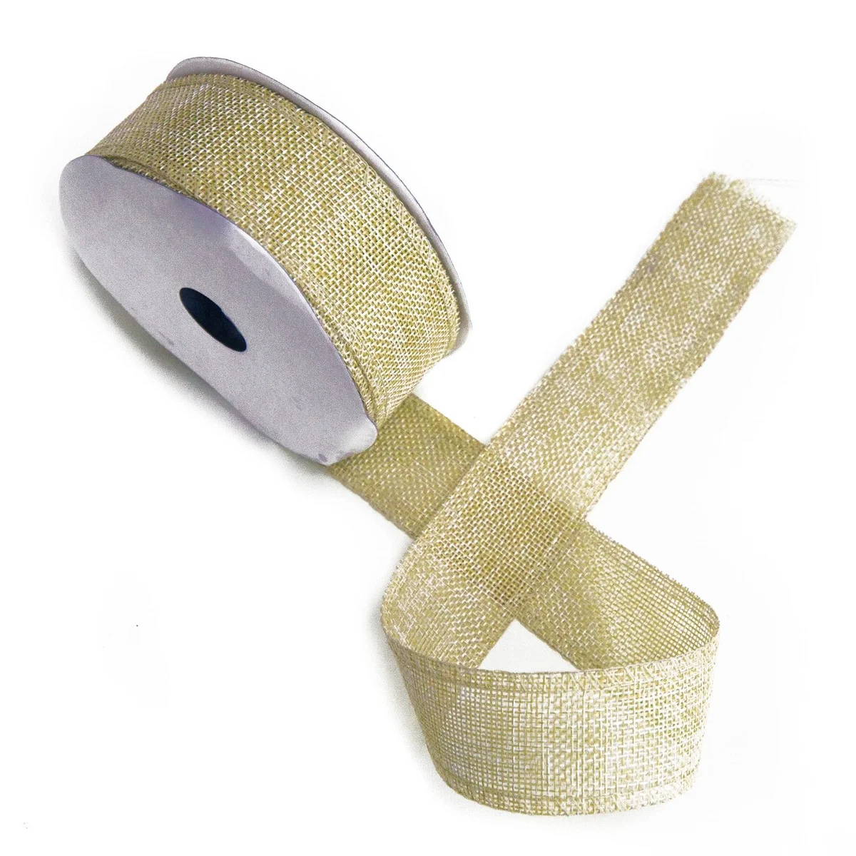 Sand coloured ribbon on a white background, showing natural texture and flat width.