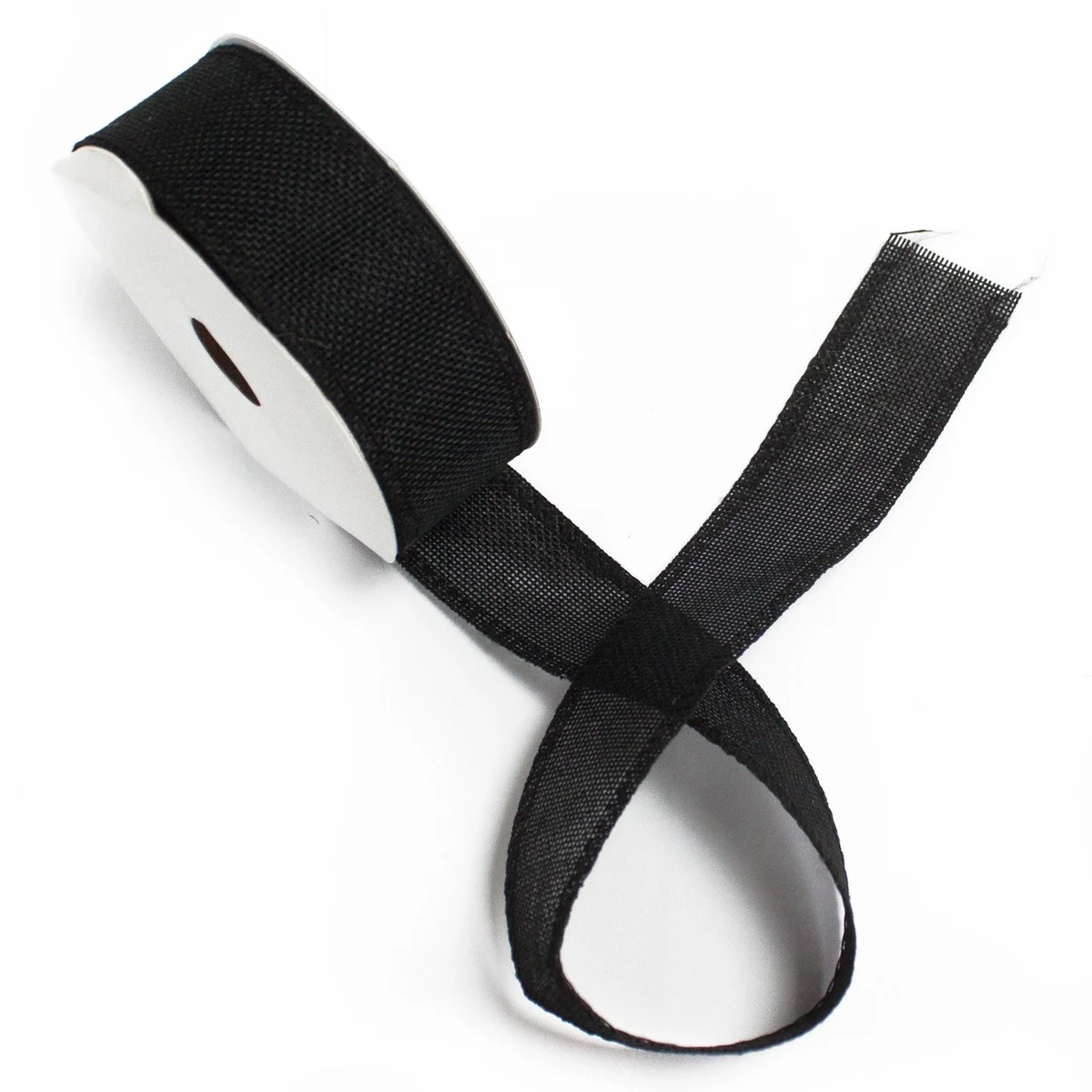 Roll of black natural texture ribbon 38mm wide and 20m long on a white background
