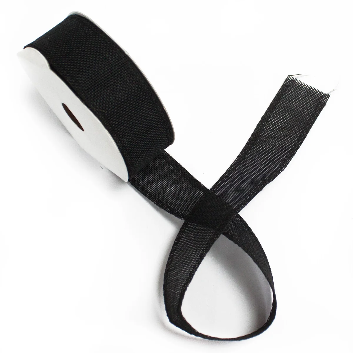Black natural texture 38mm ribbon roll unspooled showing fabric detail and length on white background