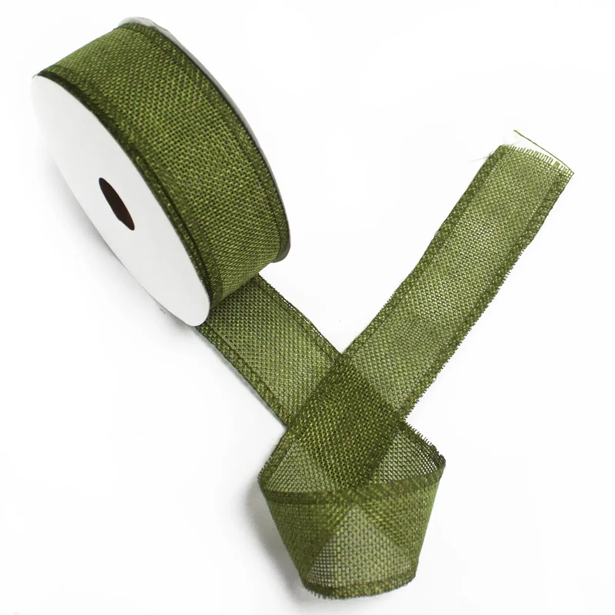 Roll of natural texture xmas green ribbon 38mm wide and 20m long on white background