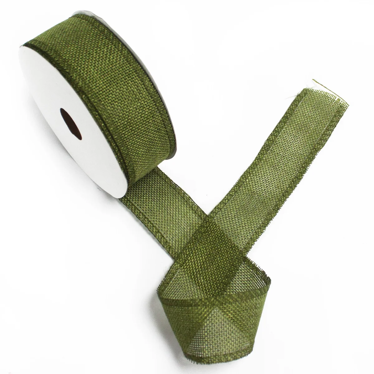 38mm ribbon roll in natural textured Xmas green, neatly coiled showing width and length details