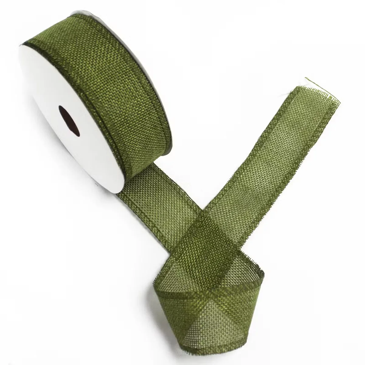 Roll of 38mm wide Xmas green natural texture 20m decorative ribbon on a white background