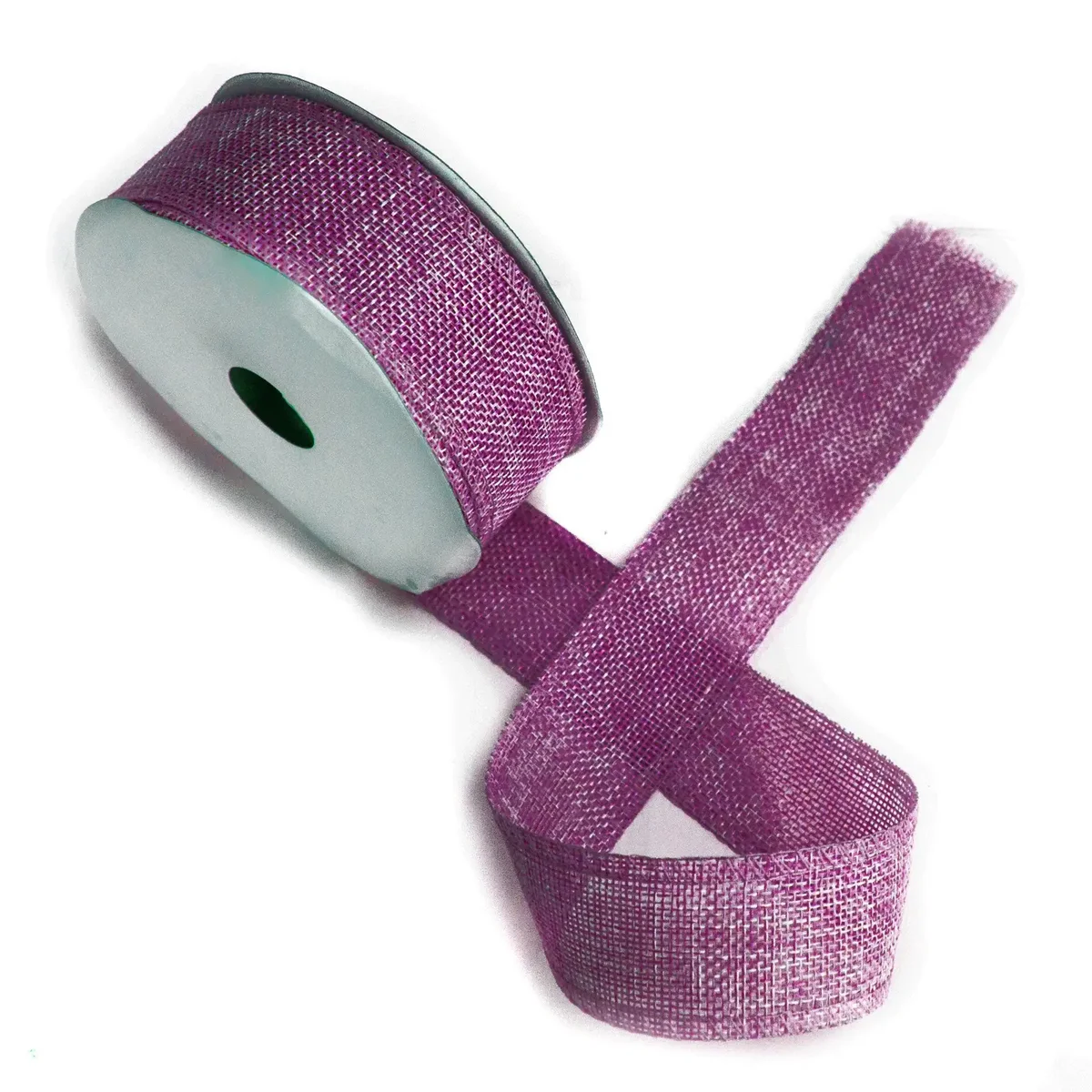 Roll of natural texture french lavender ribbon 38mm wide and 20m long on white background