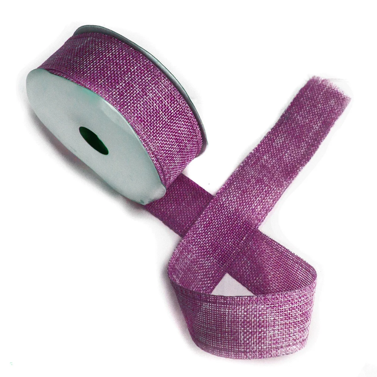 Roll of French Lavender natural texture 38mm wide ribbon unspooled on white background, showing texture details