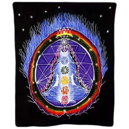 Colourful chakra poster displaying seven chakra symbols arranged vertically on a 106x90cm canvas titled Chakra Connections