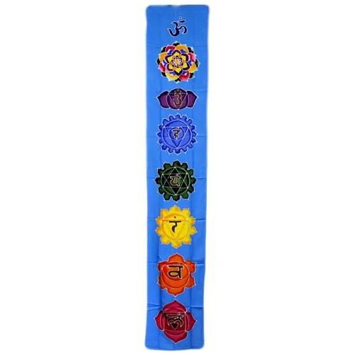 Sky blue chakra wall art drop banner measuring 183x35cm hanging against a white background