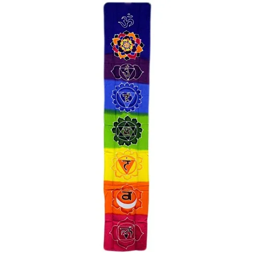 Rainbow Chakra Drop Banner 183x35cm hanging on wall, vibrant spiritual wall decor with chakra symbols in vertical layout