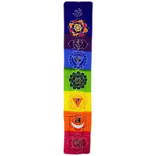 Colourful drop banner featuring rainbow chakra symbols, measuring 183x35cm, hanging vertically against white background