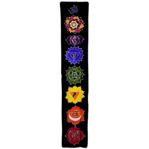 Midnight blue Chakra Drop Banner 183x35cm spiritual wall hanging with chakra symbols on fabric background