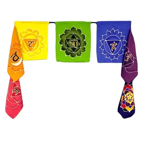 Set of seven chakra flags, each 32x23cm, arranged in a row, seven flags decor for spiritual spaces