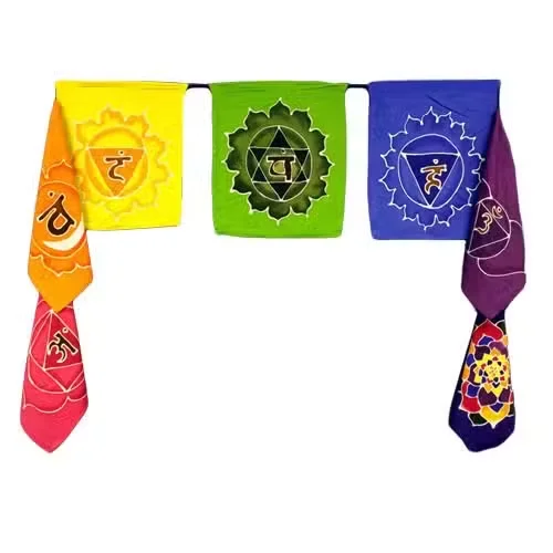 Seven Flags Chakra spiritual wall art, set of seven colorful flags, each 32x23cm, with chakra symbols on fabric