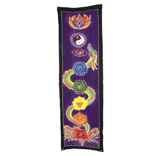 Decorative wall art featuring a dragon design on a 175x53cm chakra drop banner hanging on a white wall