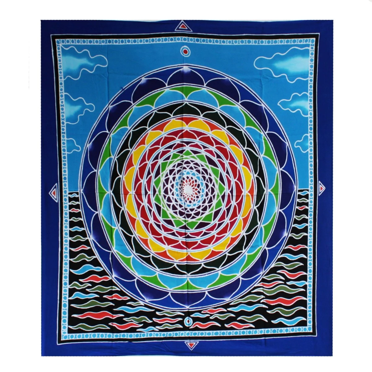 Mandala wall art featuring a detailed mandala design with cloud motifs in soft colors, measuring 106cm by 93cm