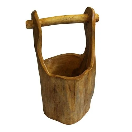 Teak well bucket approximately 28cm tall with natural wood grain and metal handle on white background