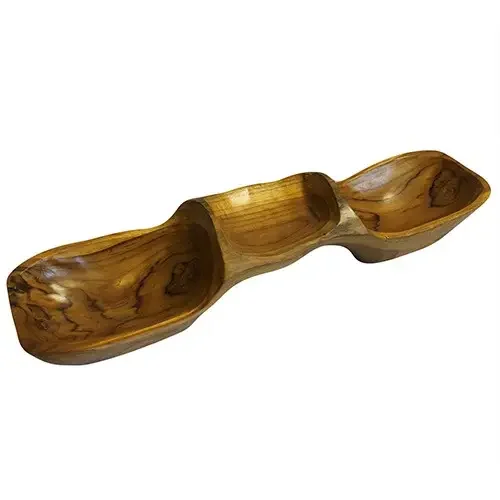 Teak three bowl pyramid planter with three stacked bowls, approximately 50cm tall, natural wood finish