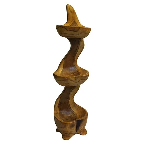 Teak three bowl stand with three round bowls stacked vertically, approximately 50cm tall, natural wood finish