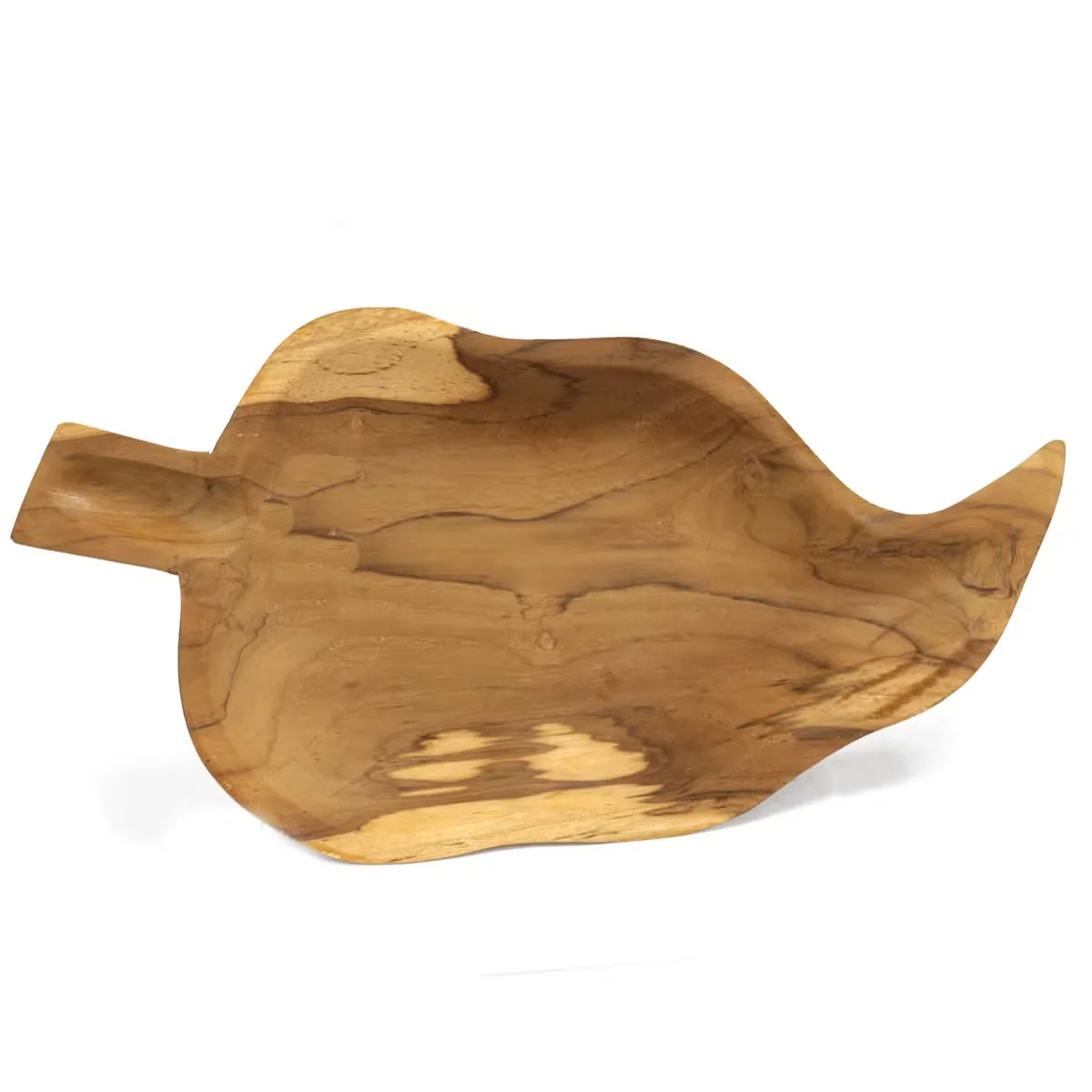 Teak leaf shaped dish measuring approximately 32cm, showcasing natural wood grain and smooth finish
