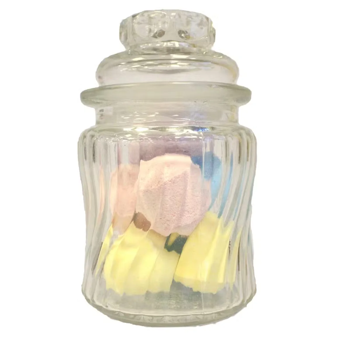Candy storage jar with vibrant orange and blue swirl rib design