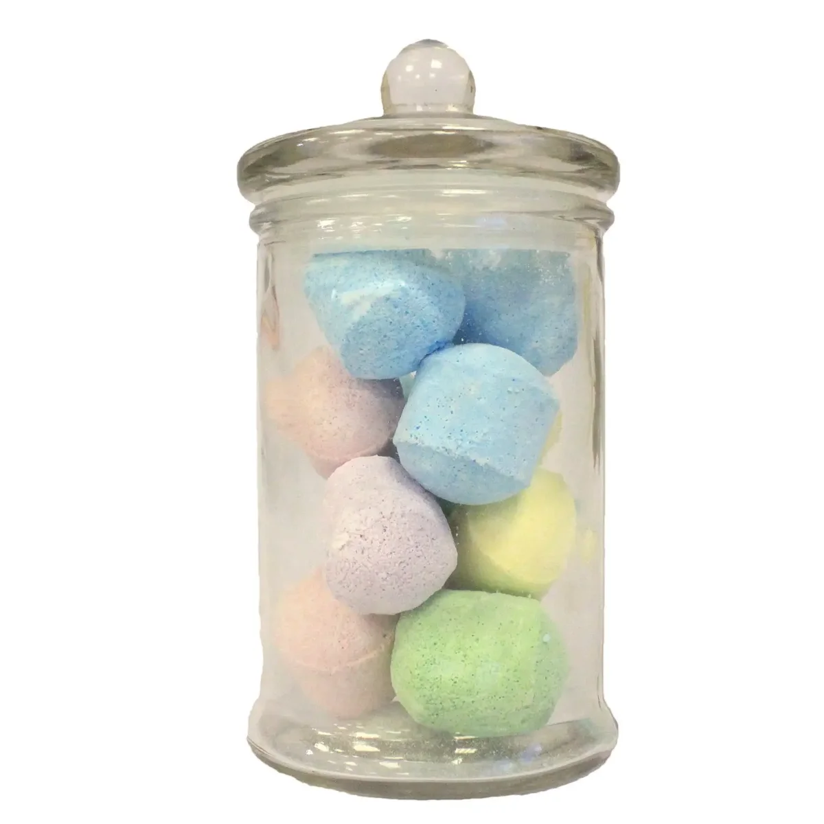 Small clear classic candy jar displayed upright, showing its vintage‑style glass body and sloped opening.