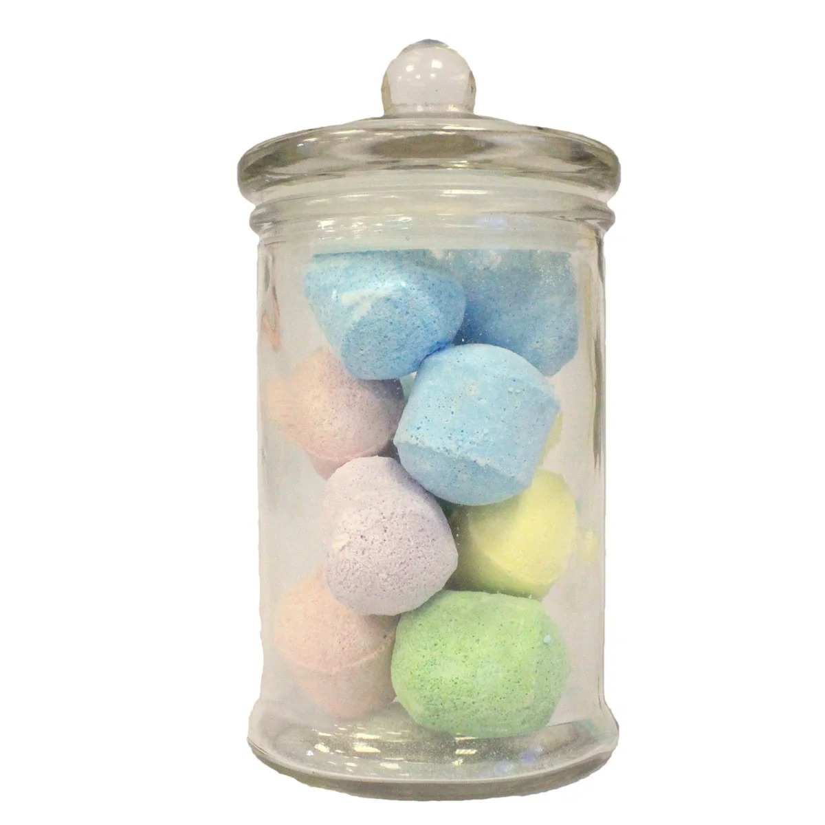 Small classic clear storage jar made of glass, shown upright on a kitchen counter.