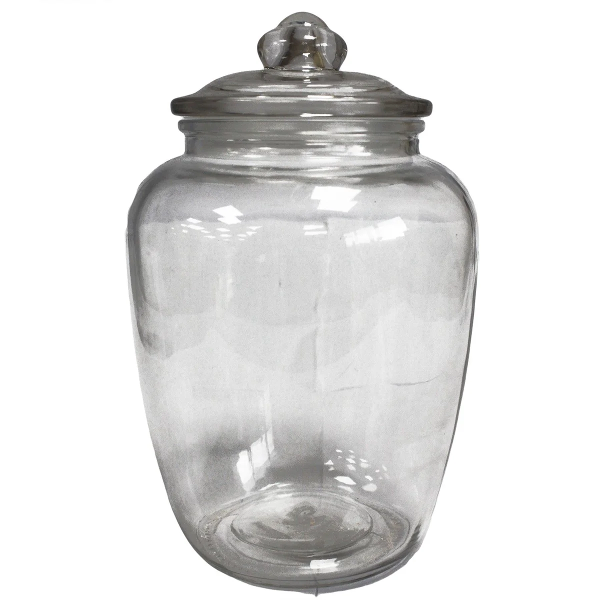 Big candy jar shown in a transparent glass container, wide opening holding assorted colourful sweets, simple classic design.