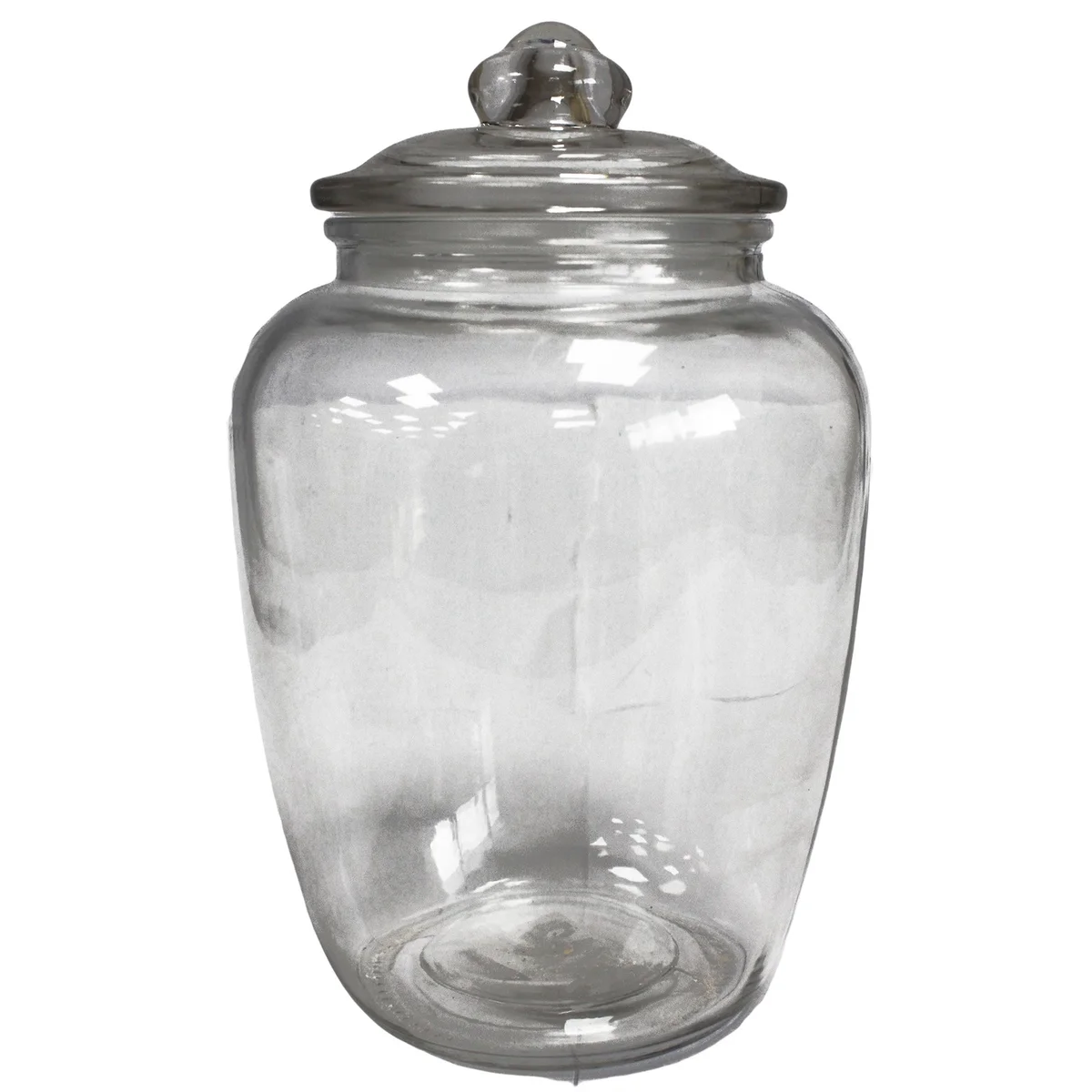 Large candy jar; classic glass sweet jar, 15x24.5cm tall, displayed on plain surface.