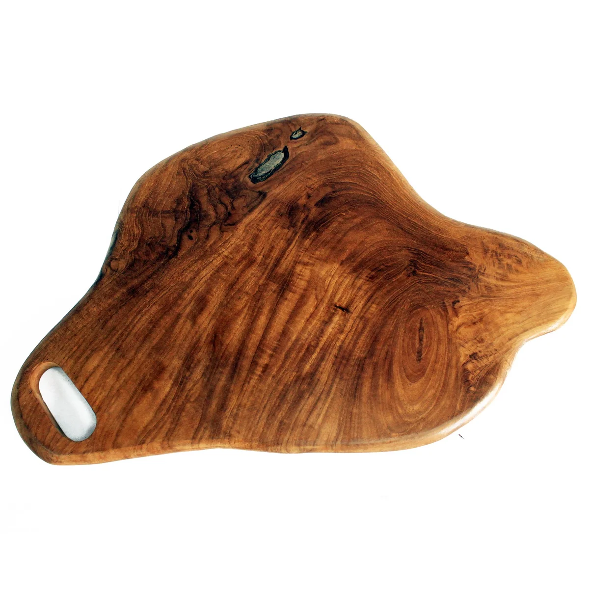 Rectangular 30cm teak kitchen chopping board with smooth surface and natural wood grain pattern on white background