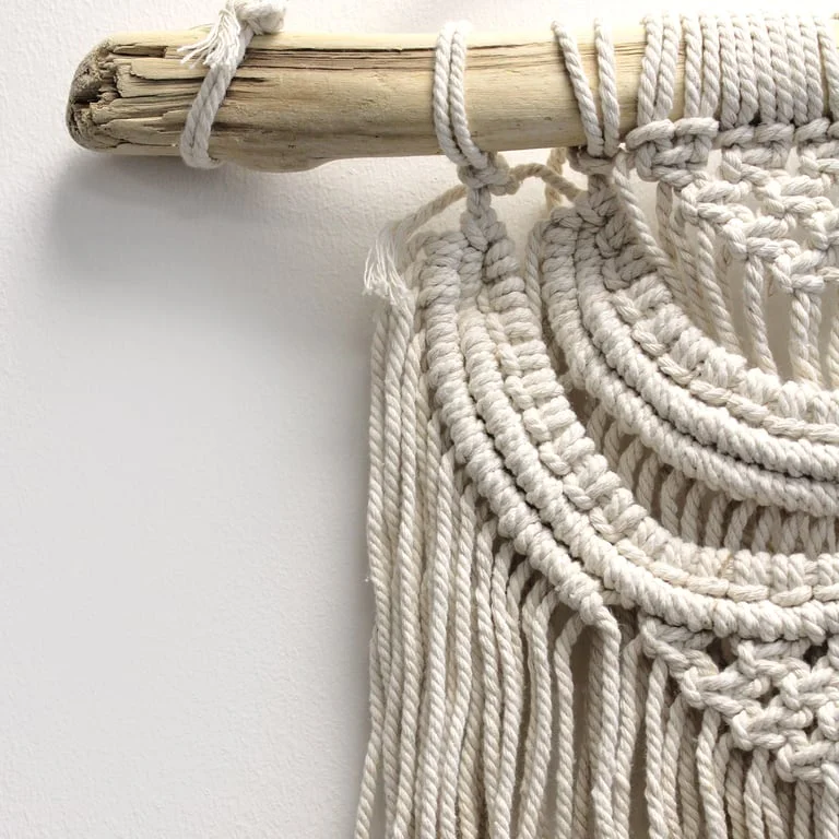 Macrame wall art featuring a hanging with two flowing wave knot designs.