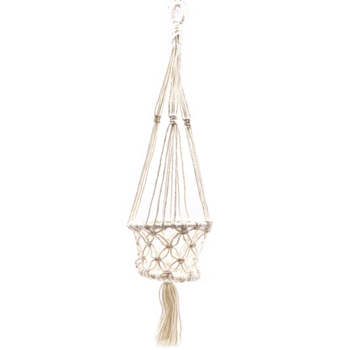 Single small pot held by a beige macrame plant hanger with intricate knot patterns against a white background