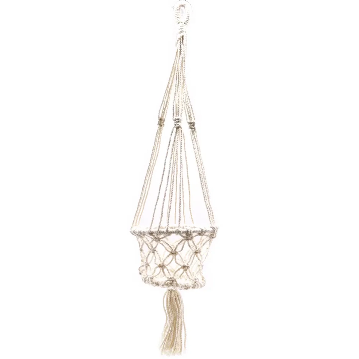 Small single macrame pot holder hanging, showcasing boho style pot holder design with intricate knot patterns