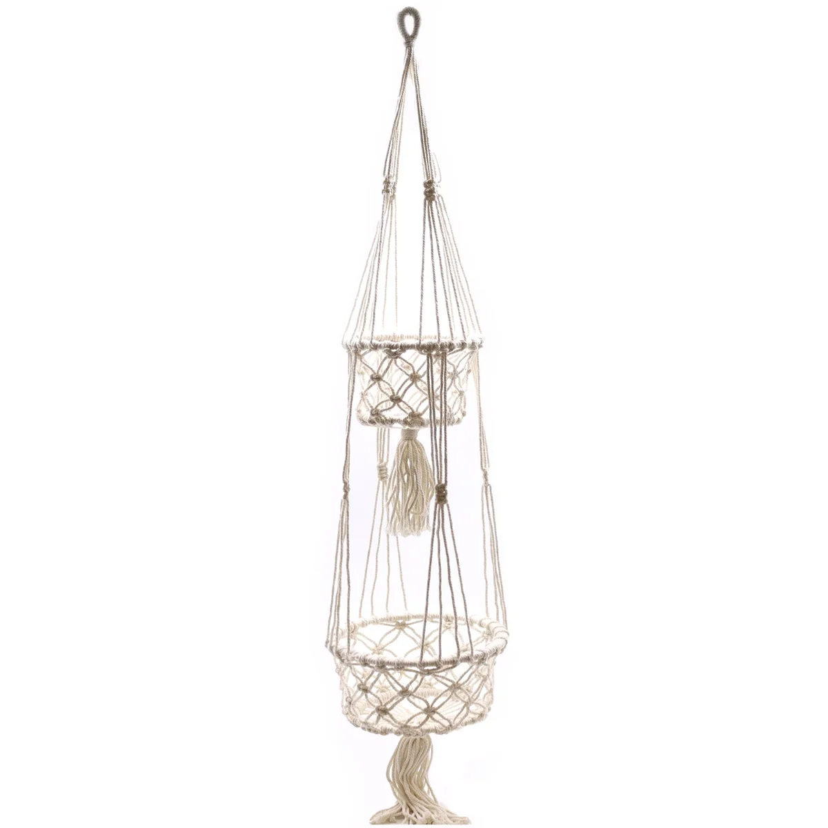 Double macrame pot holder with intricate knot design, suitable for hanging two pots securely
