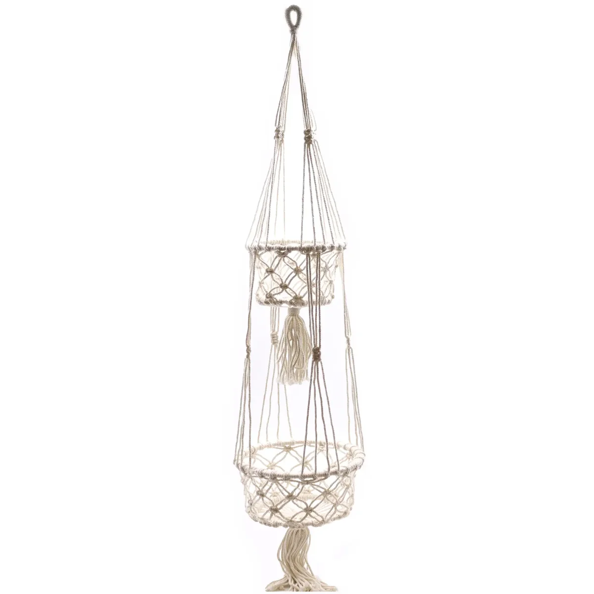 Handcrafted macrame double pot holder hanging with two sections for pots, natural cotton rope design