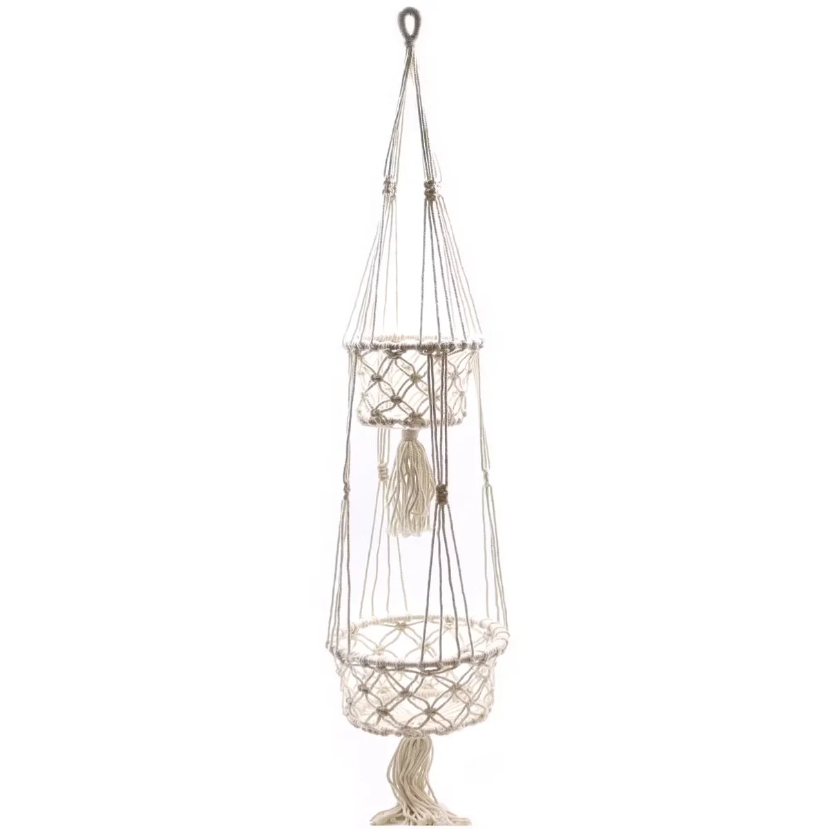 Double macrame pot holder hanging with two pots, styled as boho home decor accessory